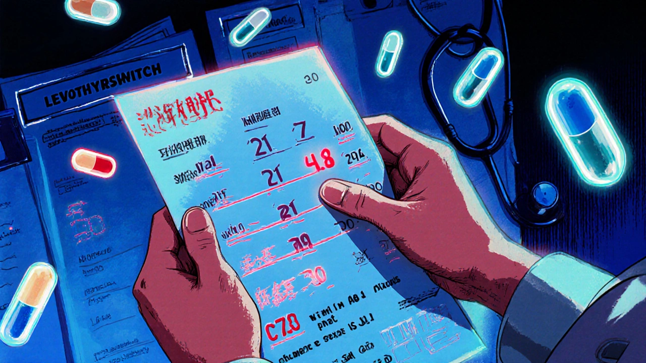 Hand holding blood test report with erratic INR numbers, floating pills around it in a dim hospital room.