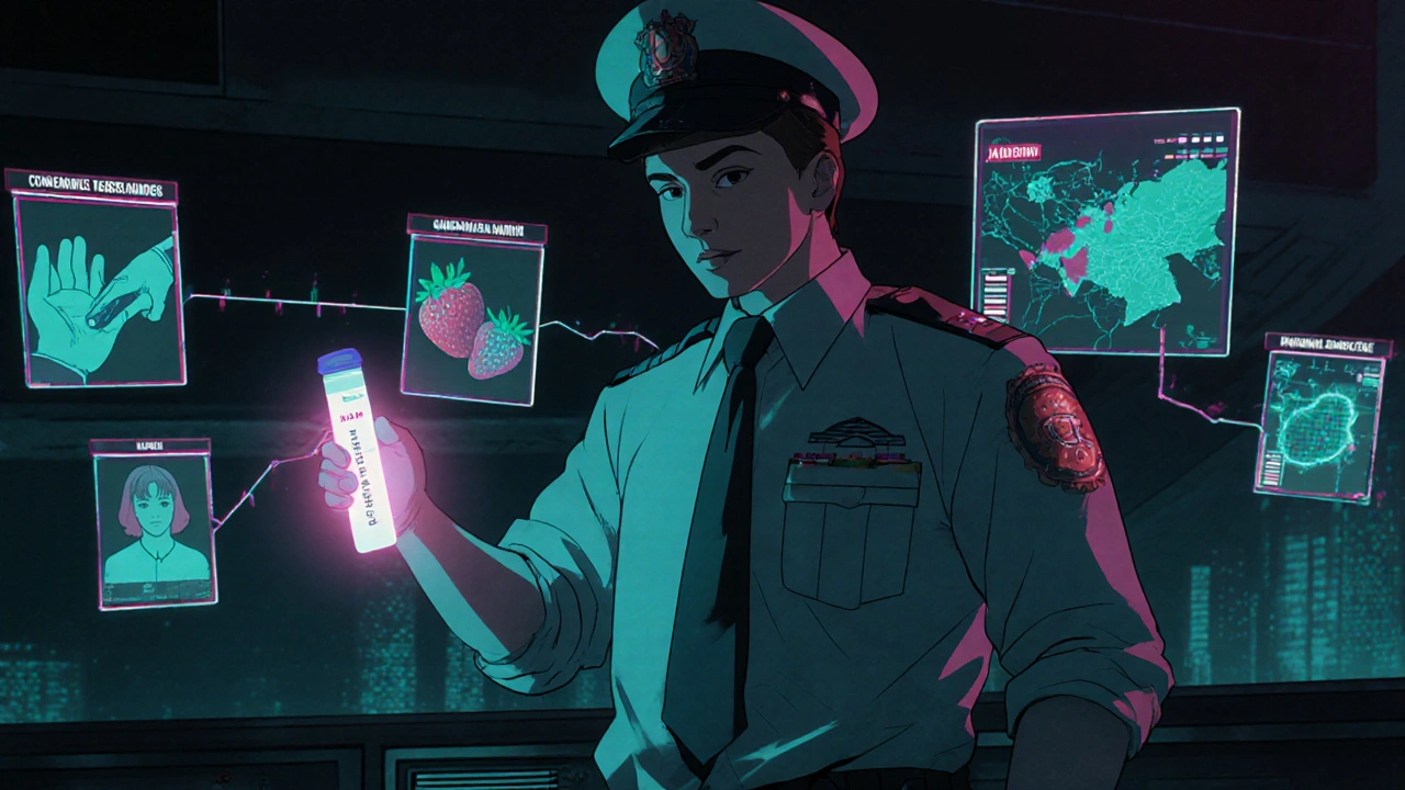 Health officer in kitchen with glowing test strip and holographic outbreak timeline.