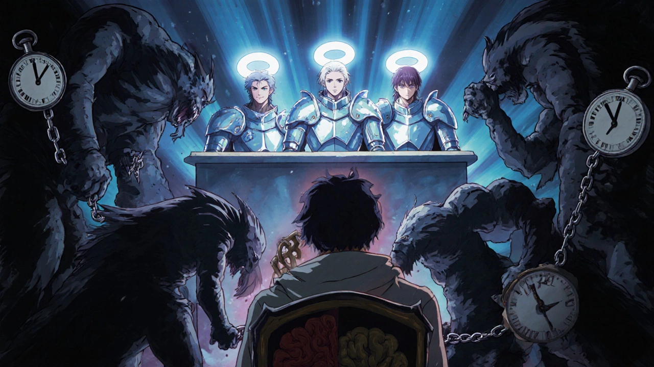 Heroic bipolar medications fighting shadowy antidepressant monsters in a mental courtroom scene.