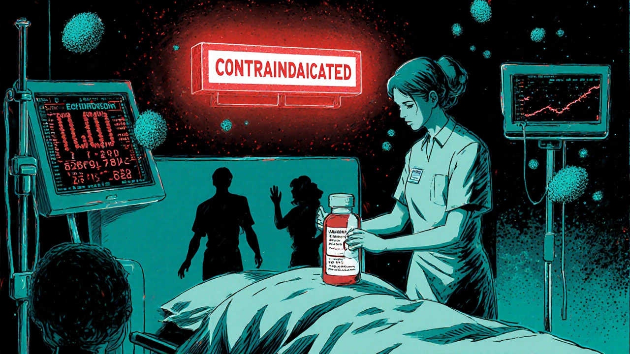 Hospital scene with IV antifungal and warning sign for dangerous drug combo.