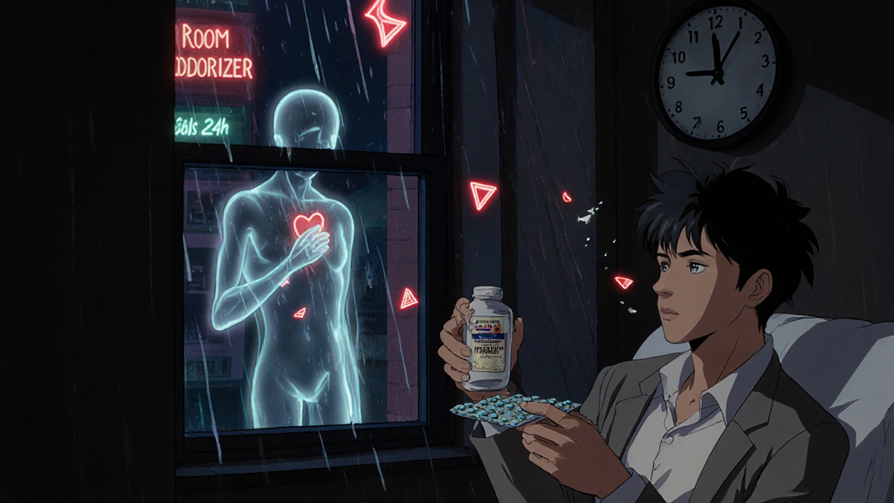 Man holding poppers and Viagra pills as his heart shatters behind him in dim apartment lighting.