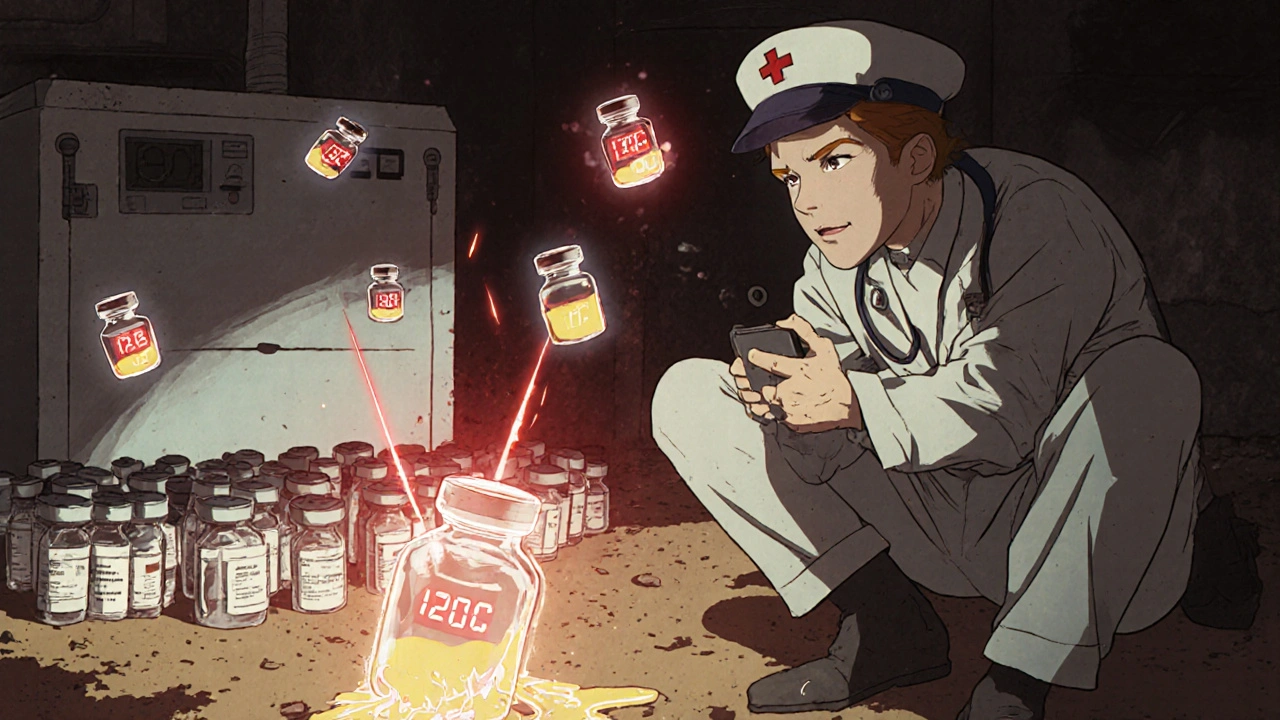 Medic checking glowing temperature device as vaccines melt in failing cooler