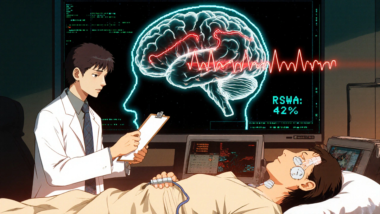 Neurologist examining a patient connected to a sleep monitor, with a glowing brain showing failed neural signals during REM sleep.