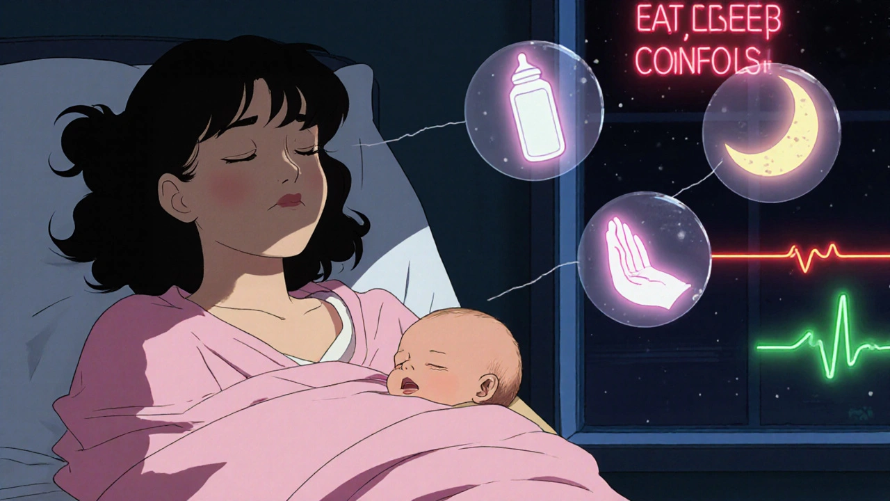 Newborn sleeping skin-to-skin with mother, surrounded by icons of feeding, sleeping, and comforting.