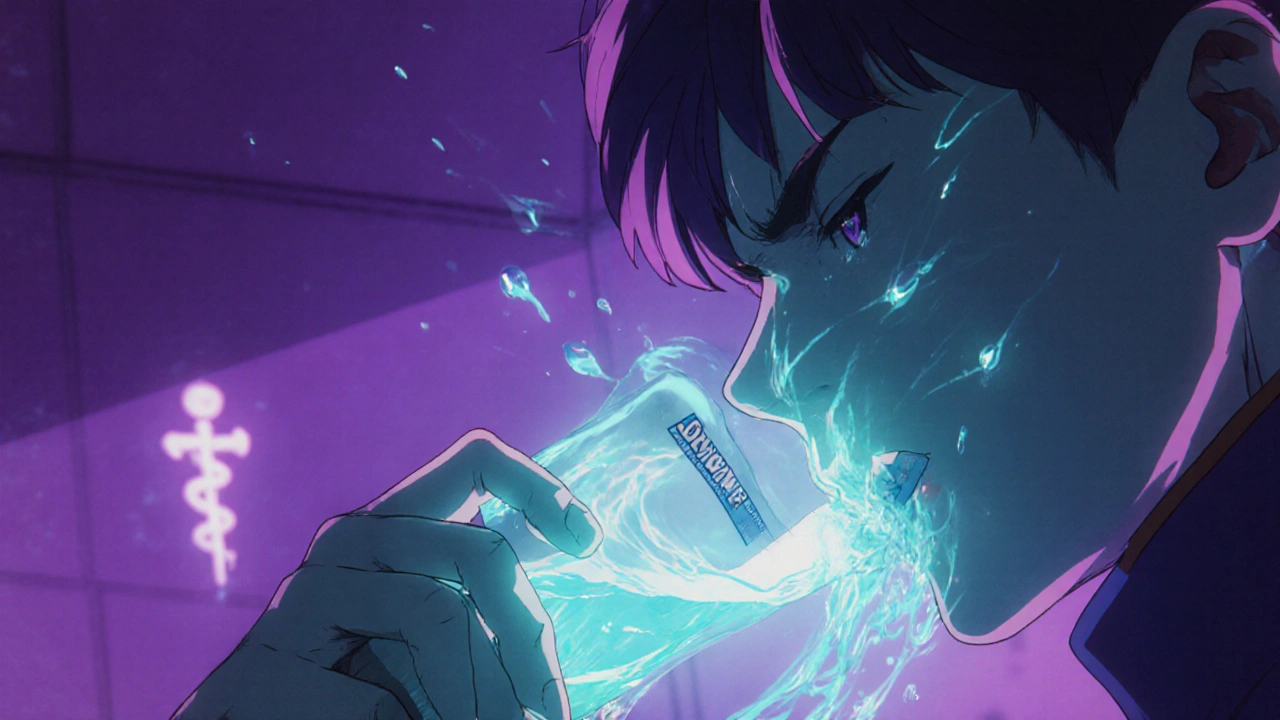 Patient swishing benzydamine mouthwash with glowing therapeutic liquid in bathroom lighting.