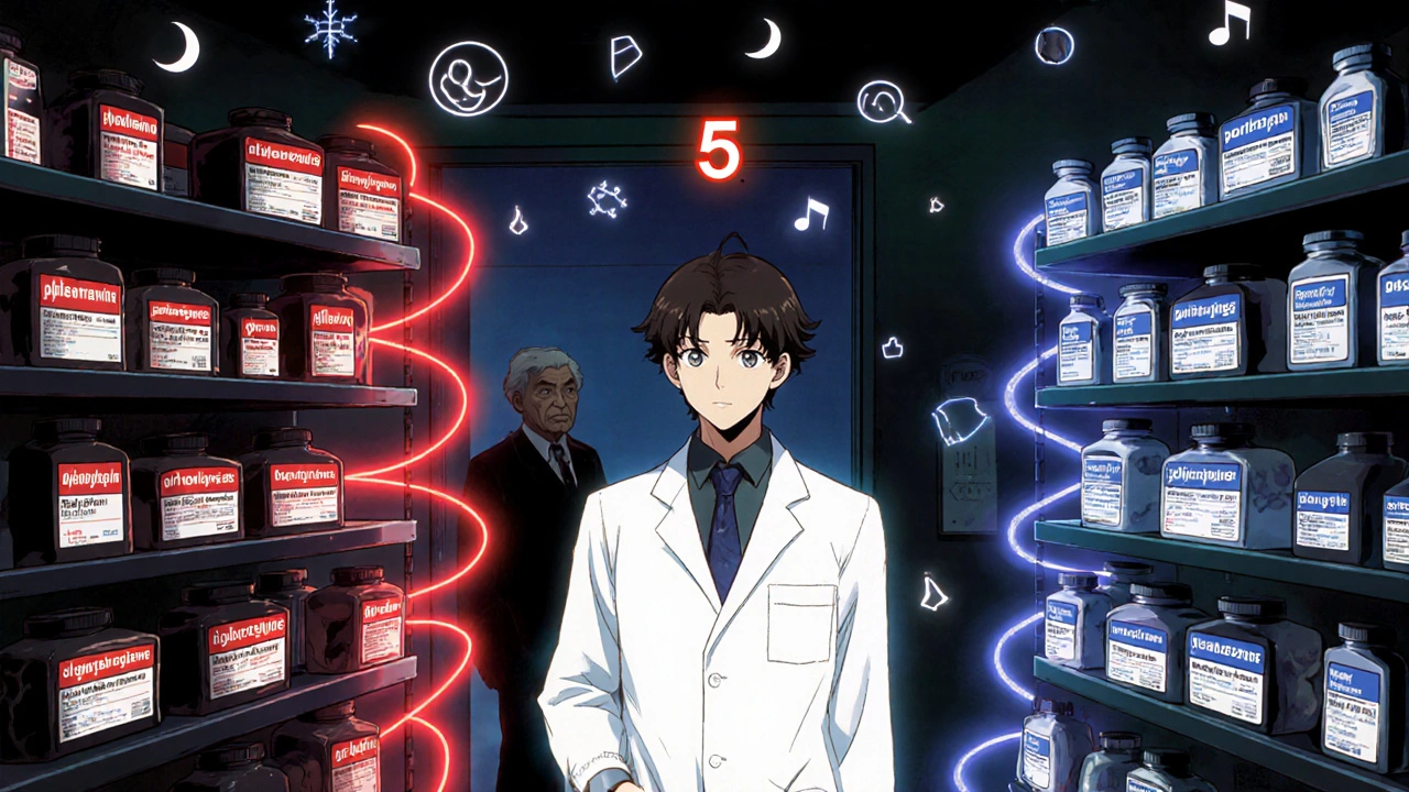 Pharmacist between shelves of dangerous and safe medications with glowing ACB score.