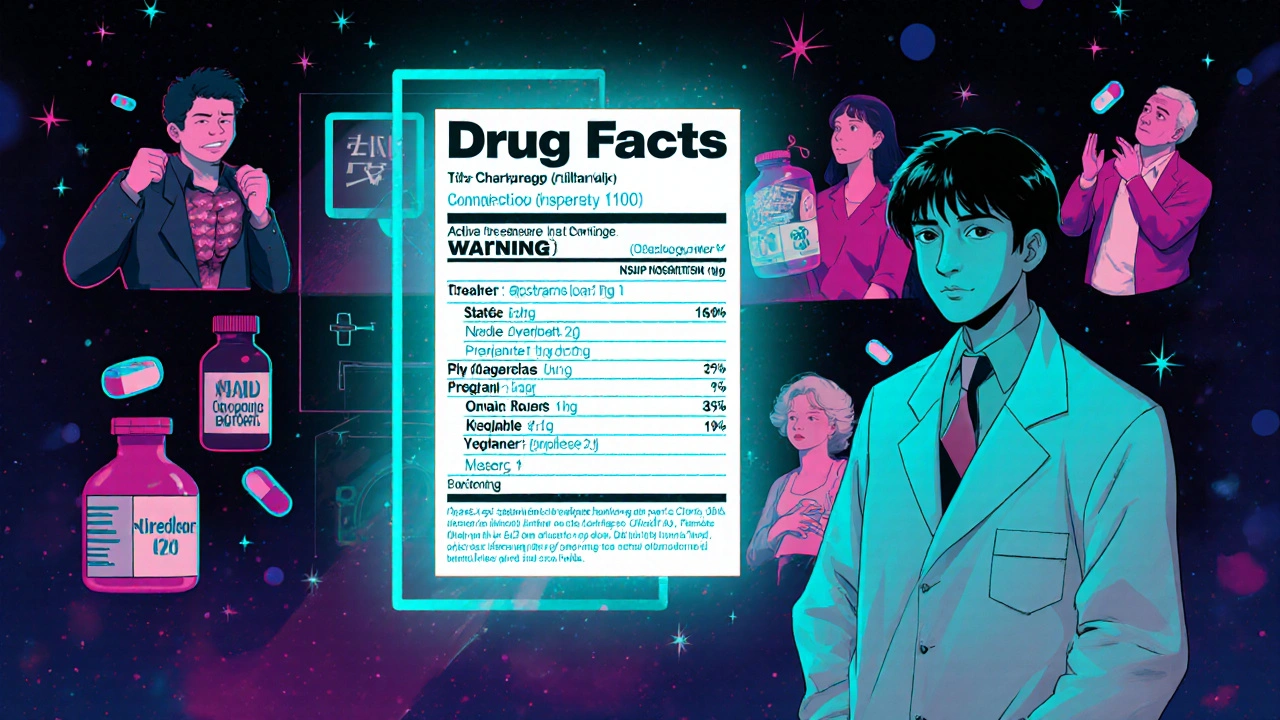 Pharmacist explaining a holographic Drug Facts label with dangerous scenarios in background