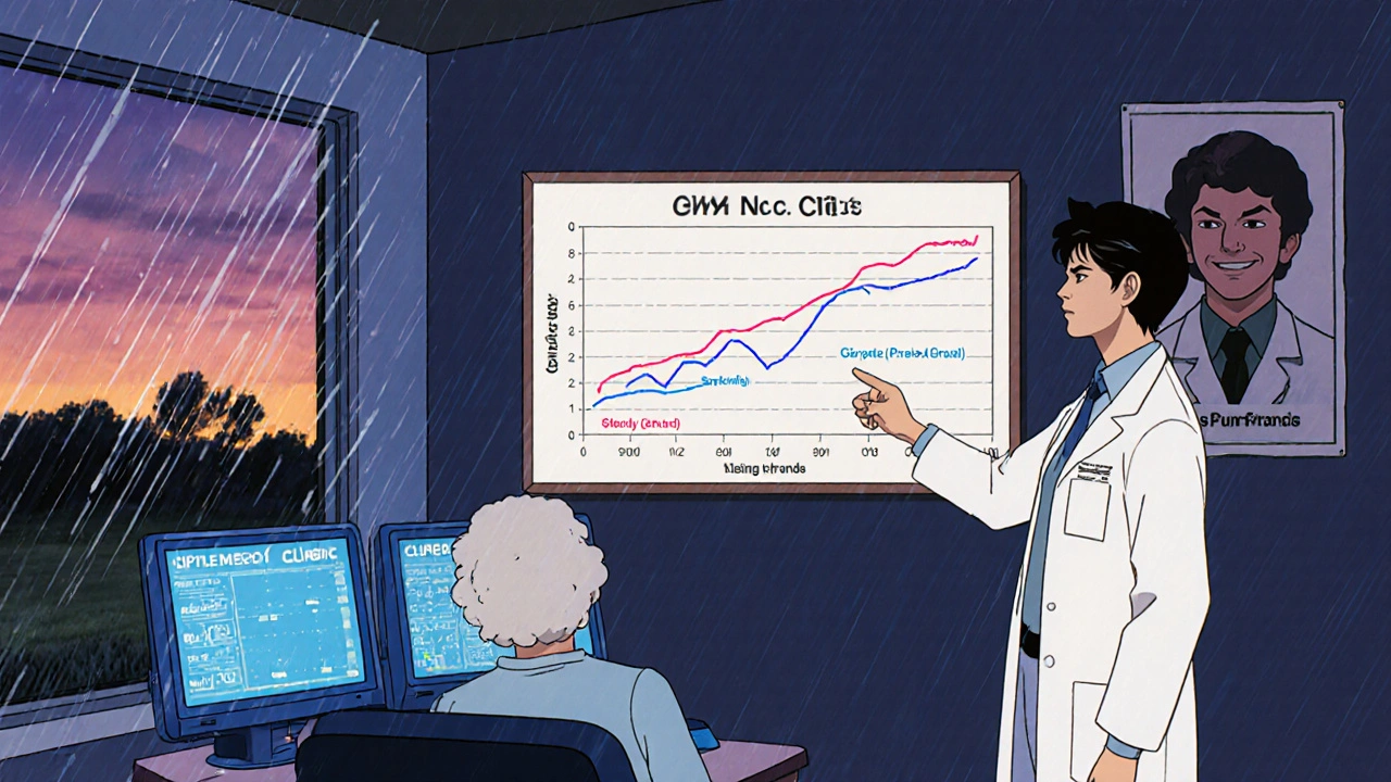Rural doctor showing blood pressure data to a hesitant patient, rain outside the window.