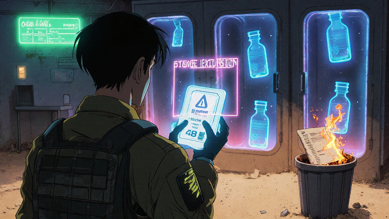 Soldier with IoT-enabled insulin pack and holographic heat alert in futuristic lab