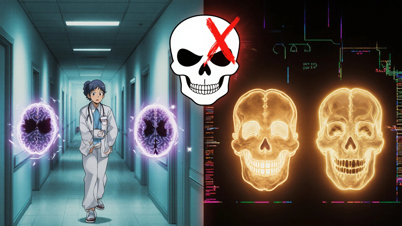 Split scene: elderly patients with dark vs. clear brain scans, warning sign above.