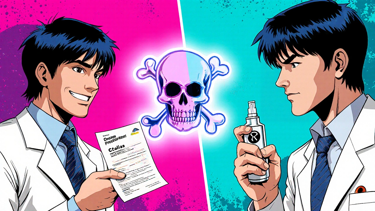 Split scene of doctors handing conflicting prescriptions with glowing warning symbol between them.