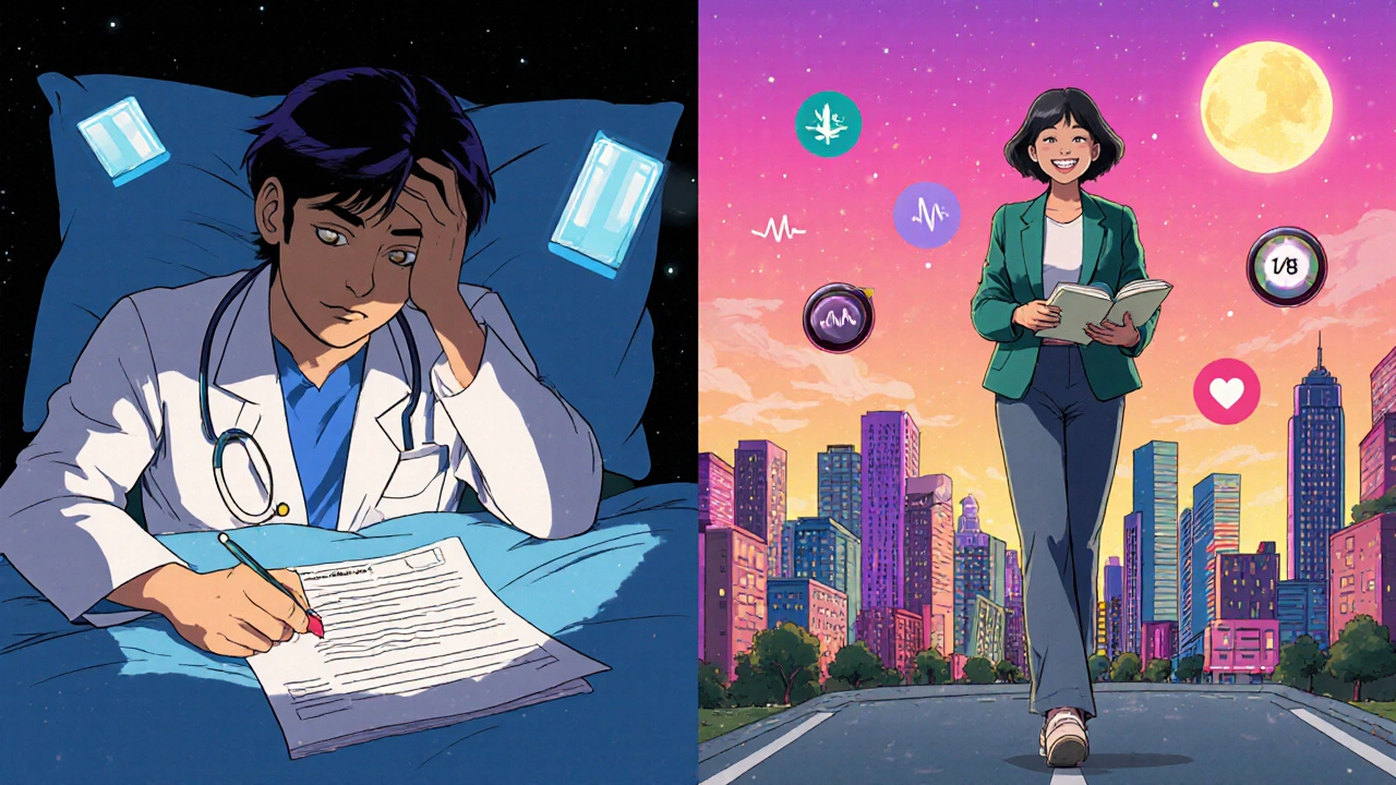 Split scene: patient on antidepressant vs. patient thriving with mood monitoring and digital tools.