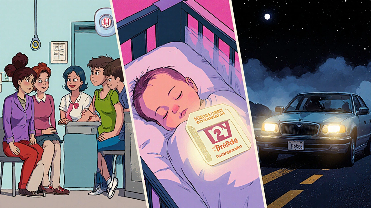 Three scenes: weekly injection, healthy newborn discharged early, and a woman driving at night for telehealth care.