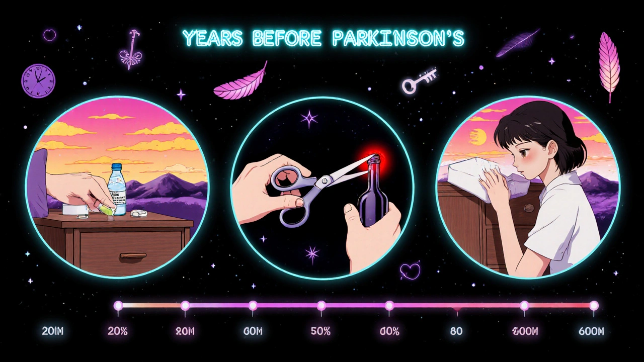 Three symbolic scenes: melatonin pills, a cut wine bottle, and foam padding on furniture, set within a timeline of pre-Parkinson’s years.