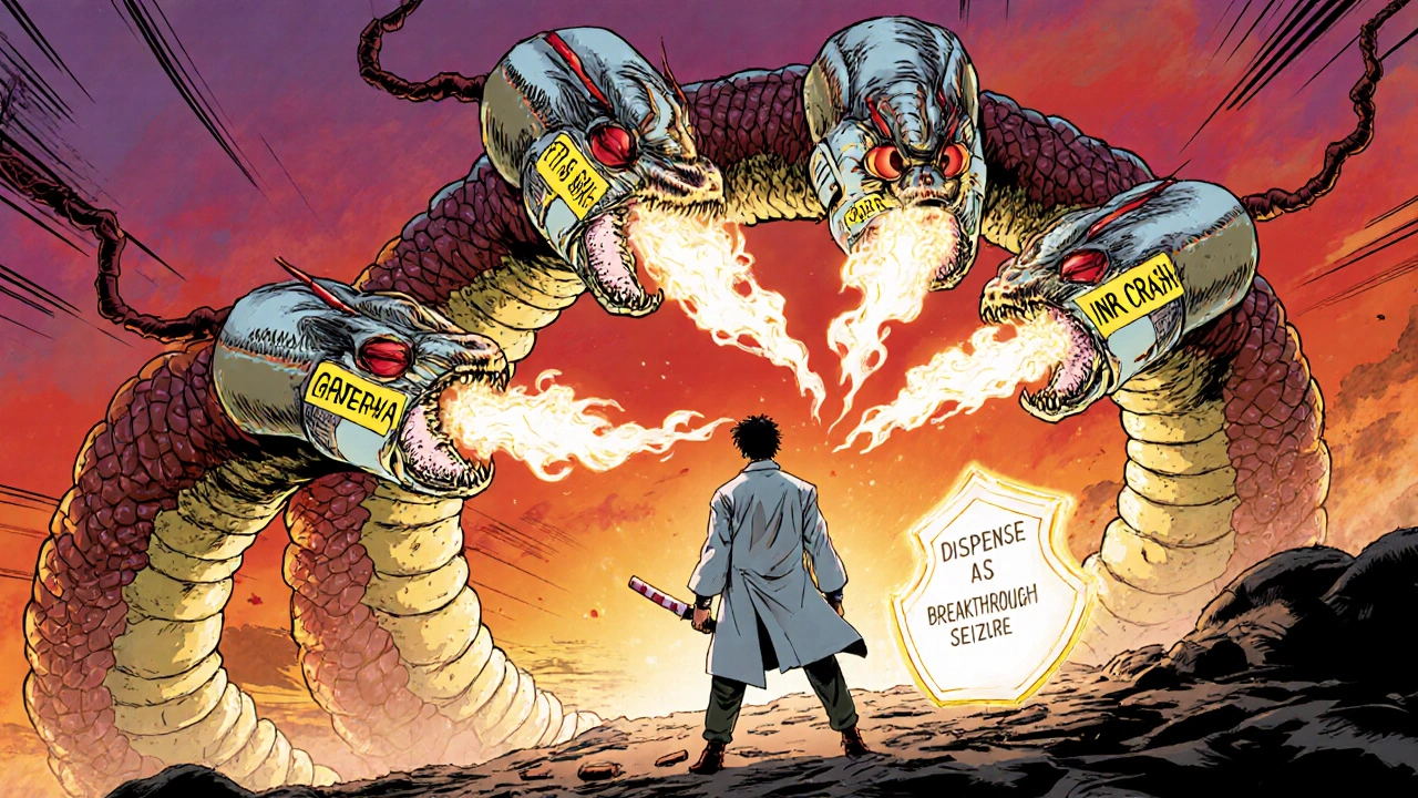 Warrior fighting a multi-headed serpent made of pills, shield reading &#039;Dispense As Written&#039; in the distance.