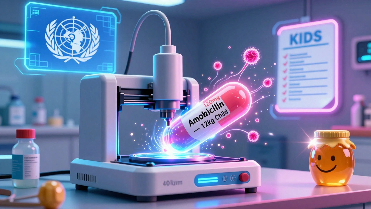 3D printer creating a custom-weighted pill for a child with nanoparticle swirls and medical icons in neon anime style