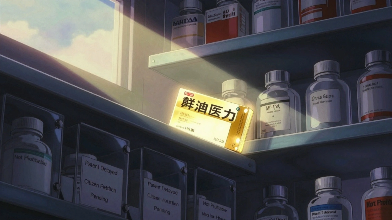 A bright brand-name drug on a shelf while locked generics wait in darkness, one just starting to glow.