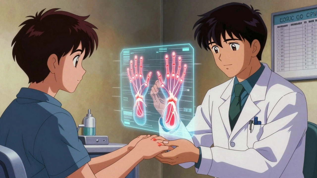 A doctor examining a patient&#039;s hand with a holographic display showing damaged nerve pathways in glove-and-stocking pattern.