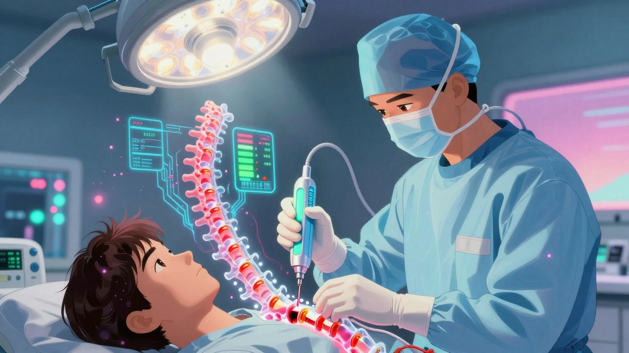 A futuristic implant procedure with holographic readouts and glowing circuitry swirling around a spine.