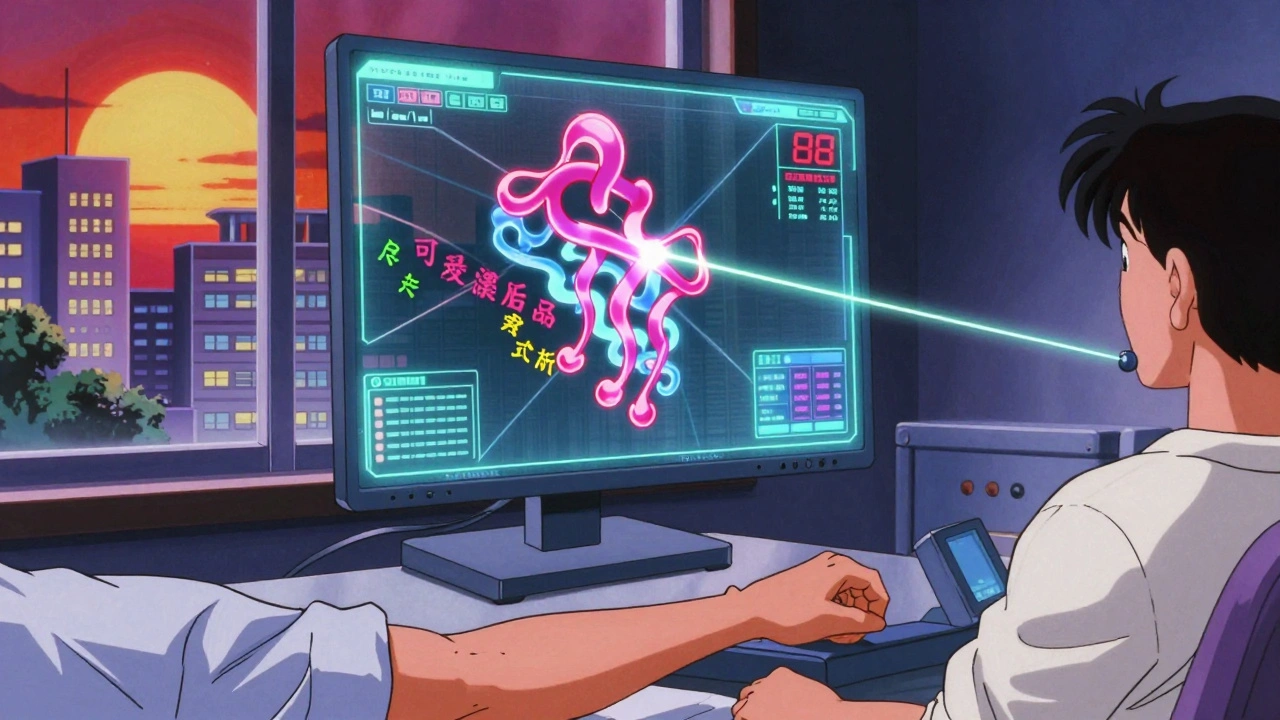 A holographic protein analysis console projecting data streams over a patient&#039;s arm, with futuristic hospital city outside.