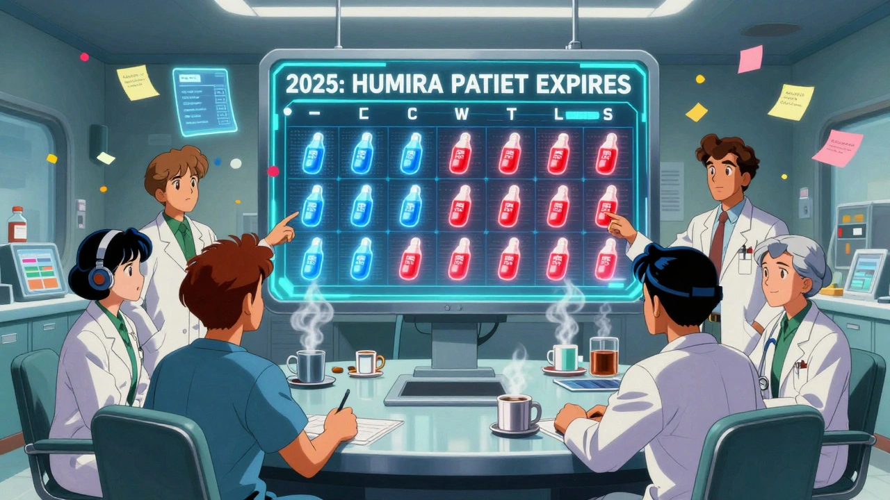 A hospital team planning ahead using holographic drug expiration charts in a high-tech war room.