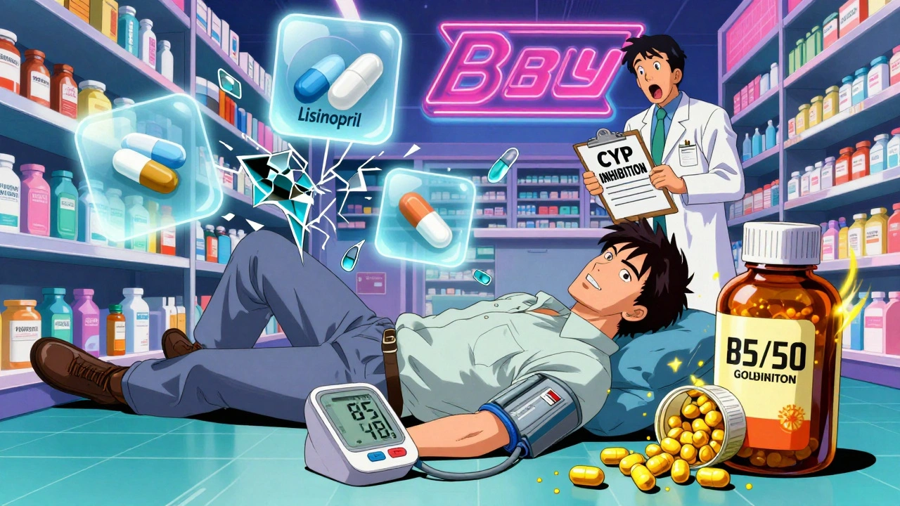 A man collapsing in a pharmacy as golden particles from goldenseal cause his blood pressure to crash.