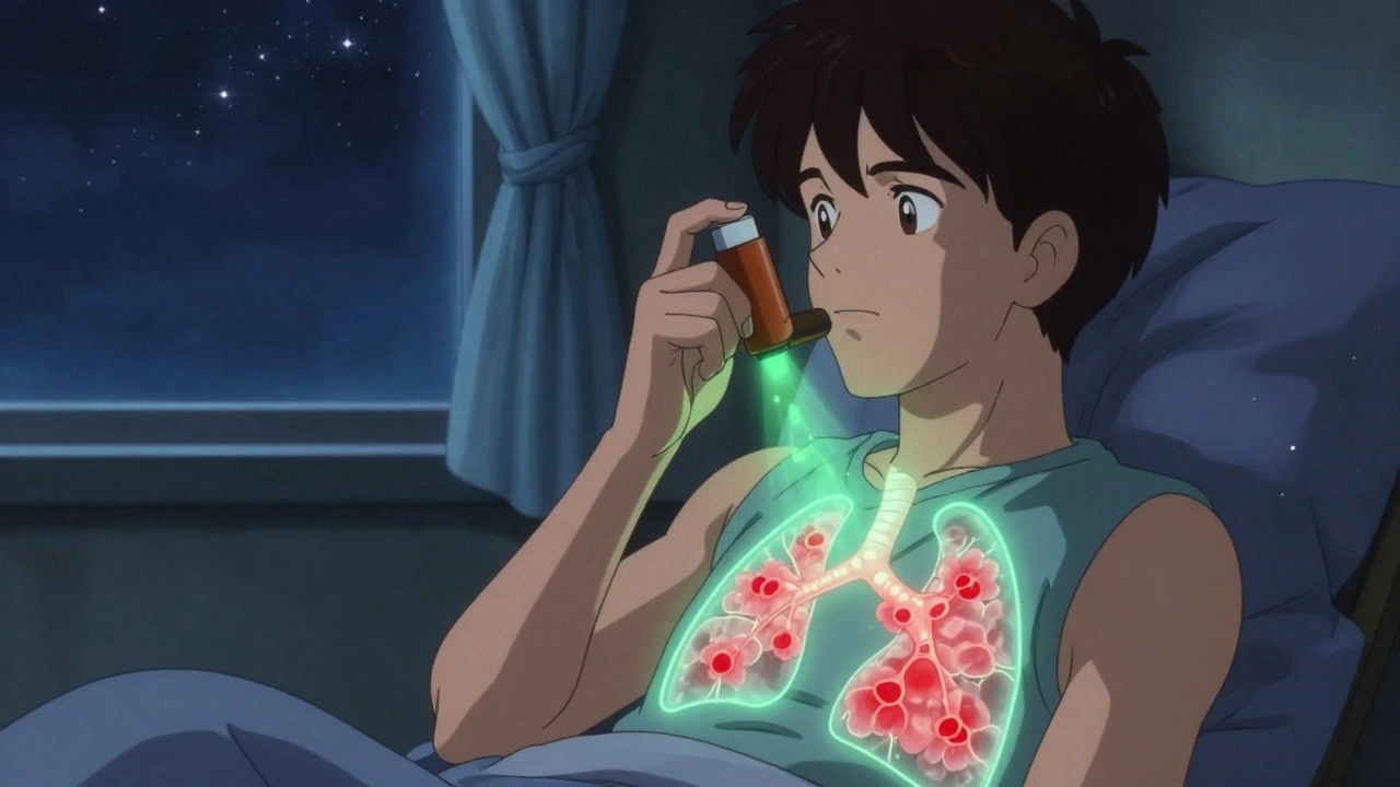 A patient at night receiving calming green light from a corticosteroid inhaler, reducing lung inflammation.