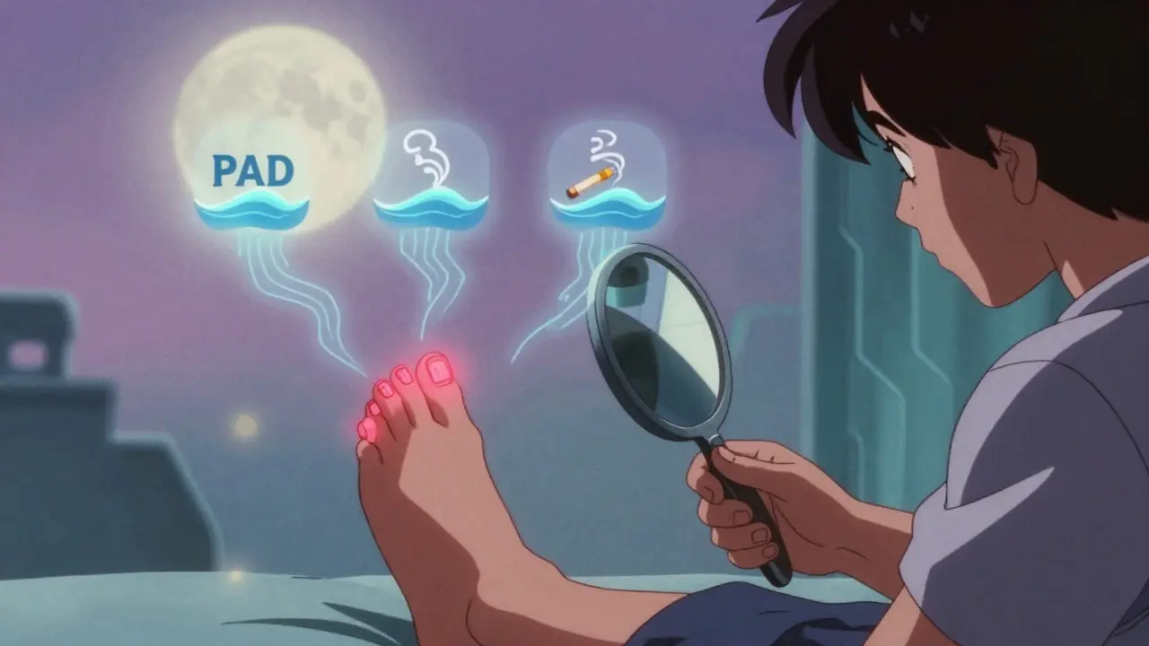 A patient checks their foot at night as warning symbols rise from their toes like ghosts.