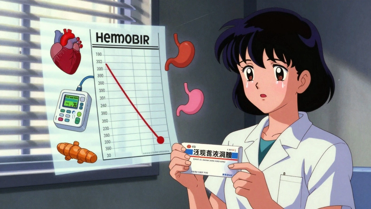 A patient standing before a floating medical chart showing low blood levels, holding safer painkiller, 80s anime style.