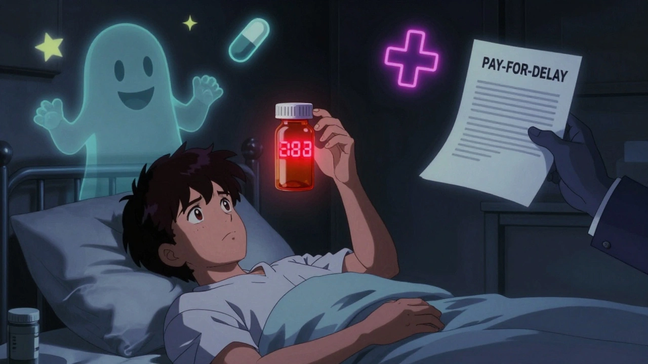 A patient staring at a prescription bottle with a countdown timer and floating symbolic drug figures.