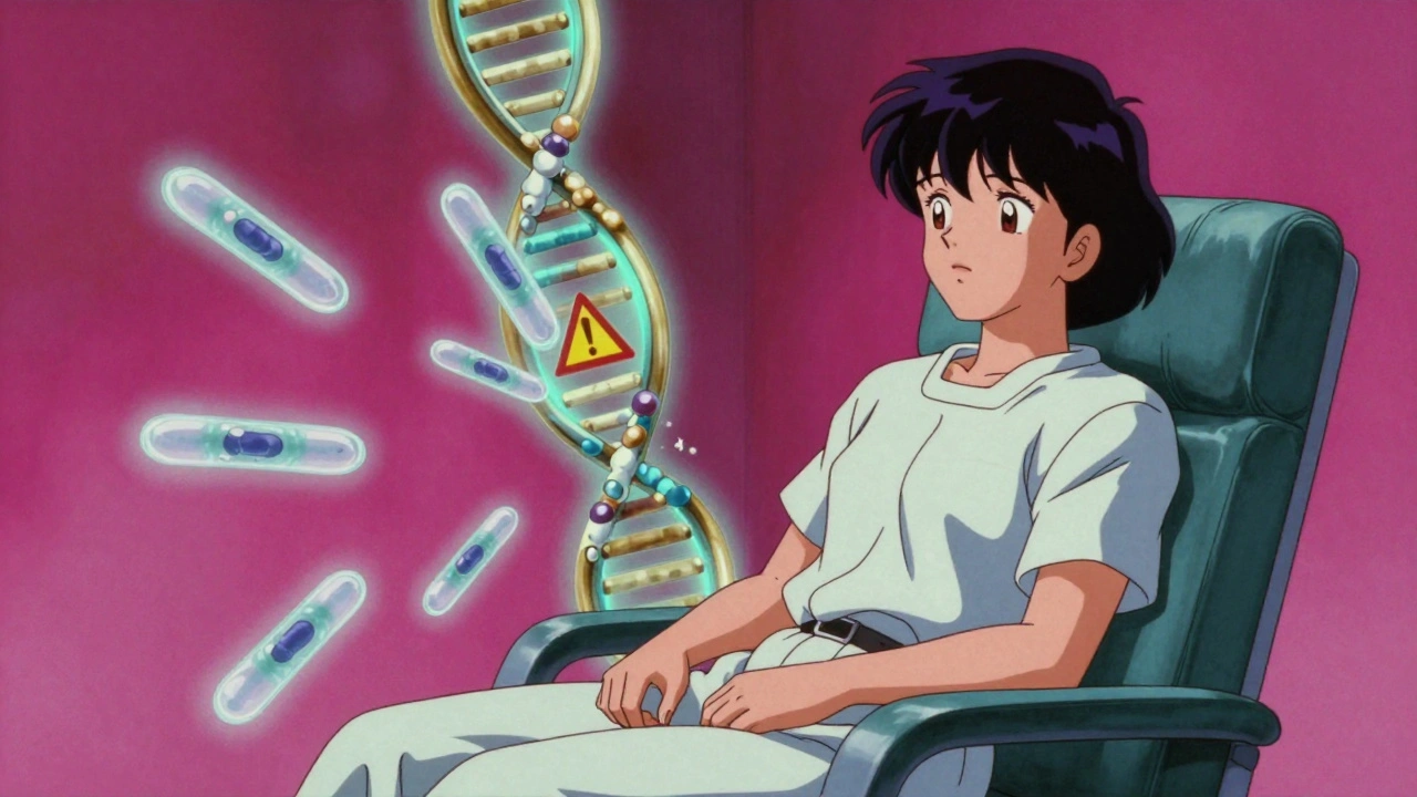 A patient surrounded by spectral anti-drug antibodies neutralizing a biologic drug, with a glowing gene strand in background.