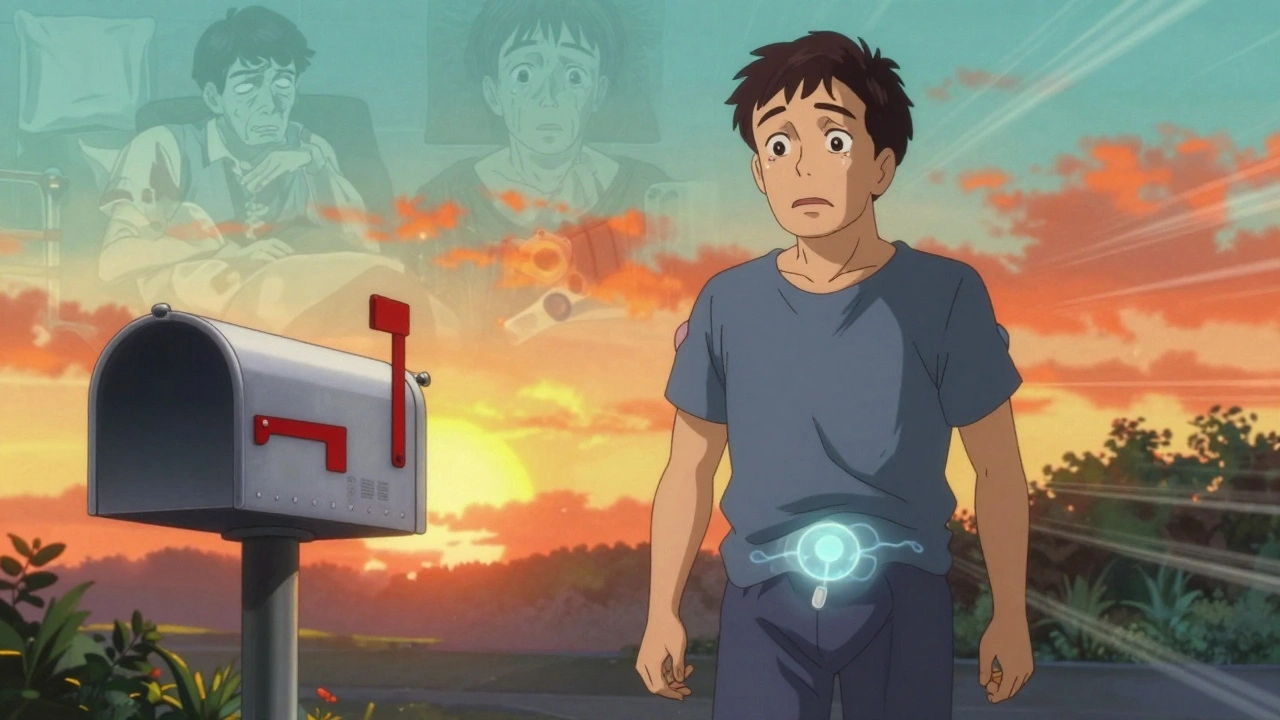 A patient walking toward a mailbox, faint stimulator glow on their back, past suffering fading behind them.