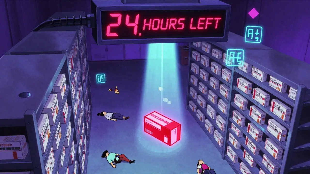 A single red-lit counterfeit medicine box on a warehouse shelf, with patients falling in the background.