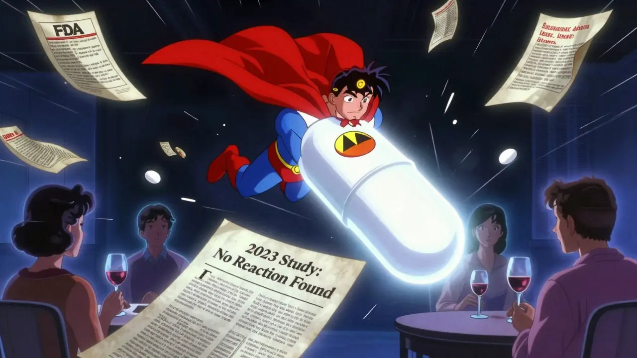 A superhero metronidazole pill destroys outdated medical warnings while shining light on new research.