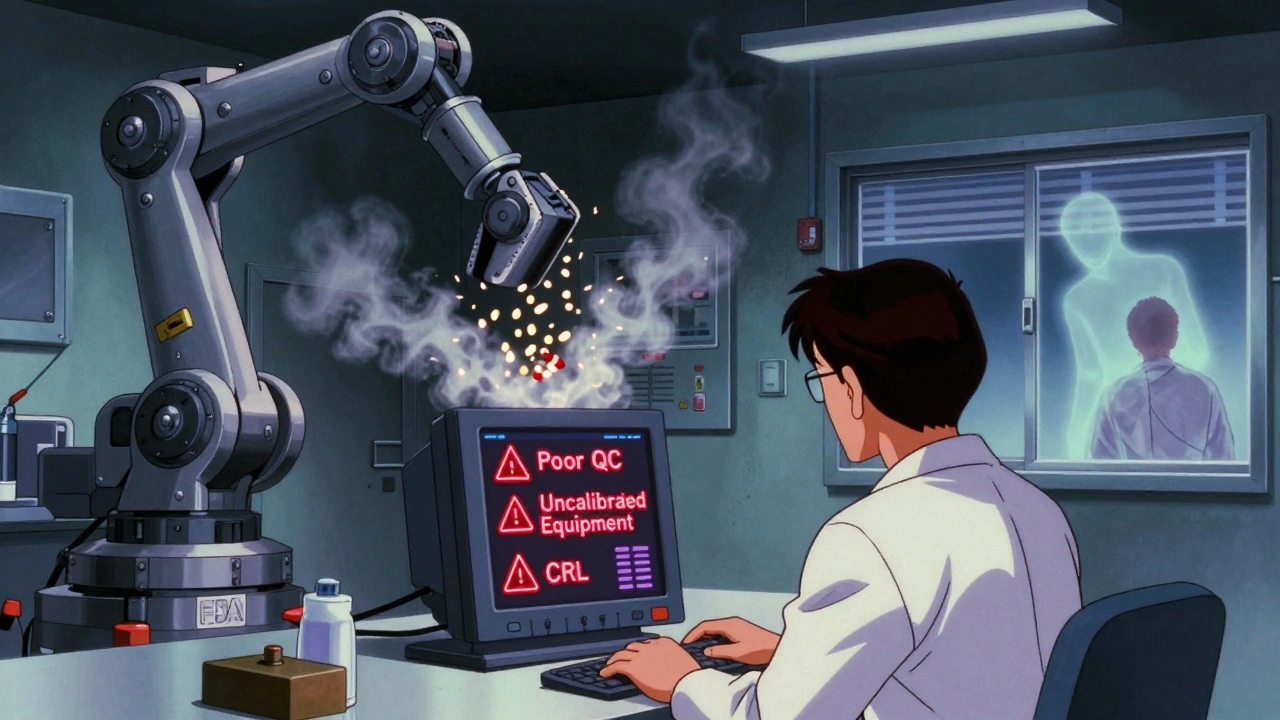 A technician in a lab faces failed drug batches and red warnings, with a robotic arm shredding pills.