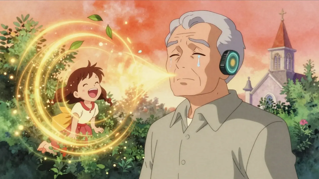 An elderly man in a garden, tearful, as sound waves transform into memories of laughter and nature.
