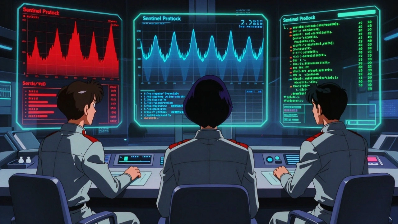 Analysts monitoring holographic health trends in a cyberpunk control room, with anonymized data pulses glowing on screens.