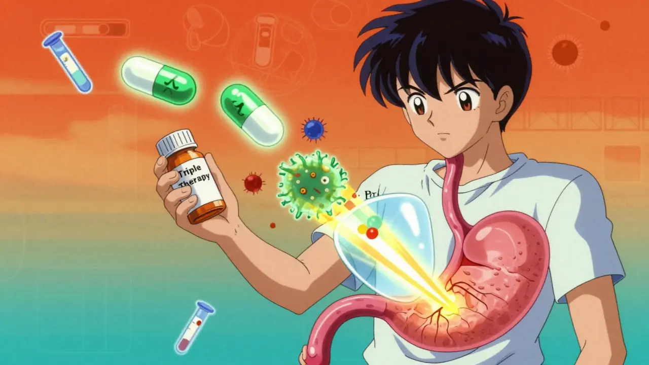 Antibiotic capsules and PPI shield healing a stomach in retro anime style