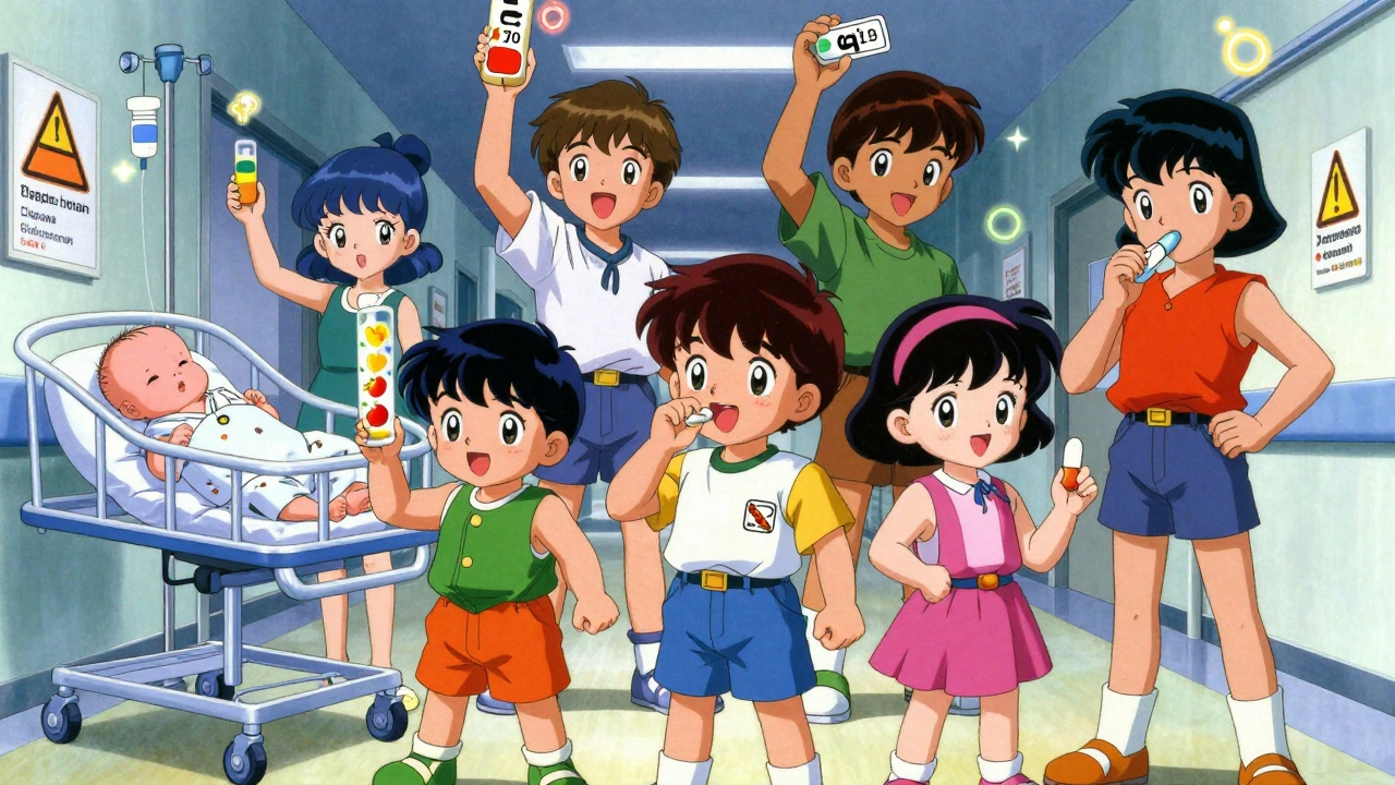 Children of different ages holding age-specific medications with glowing dosage labels in retro anime style