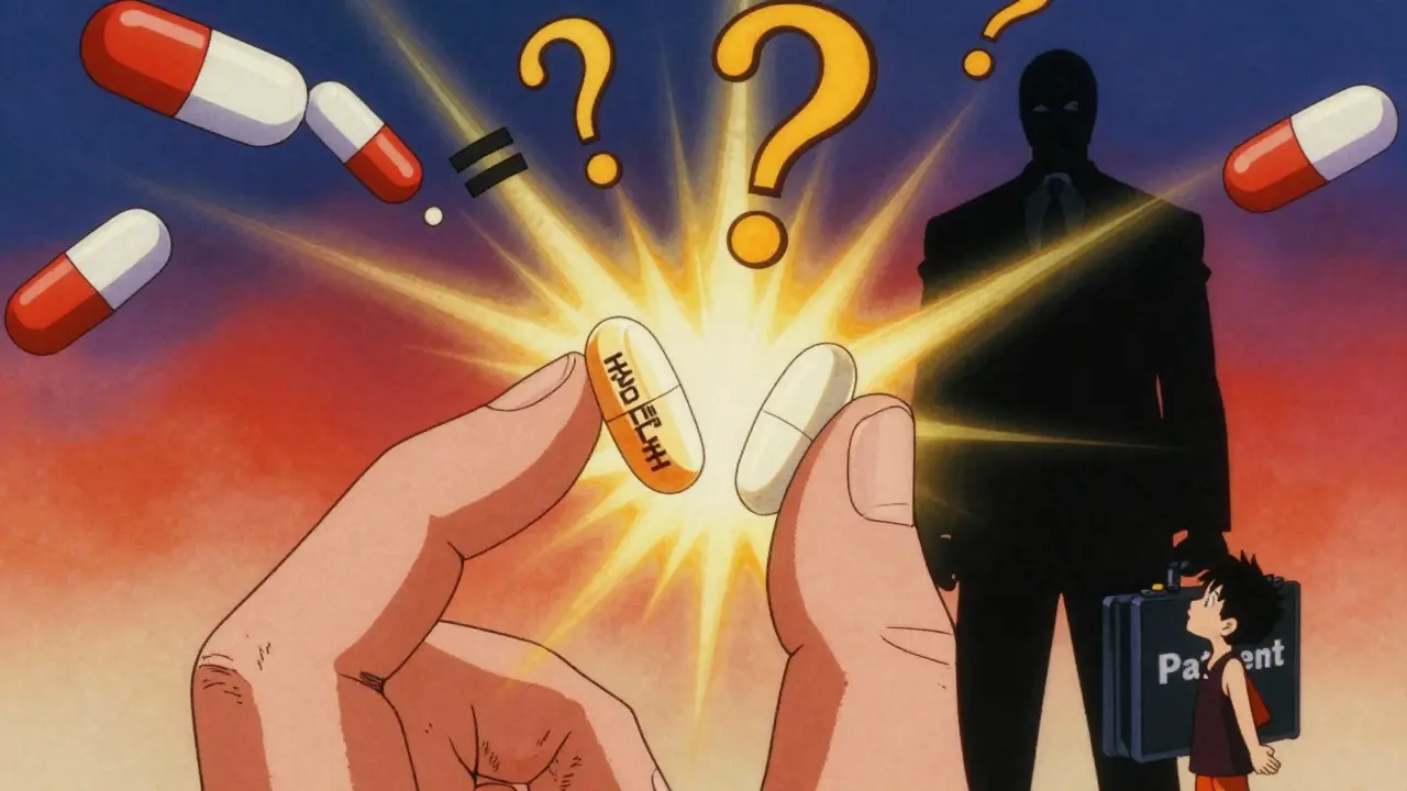 Close-up of two identical pills with floating symbols, one labeled, one blank, radiating golden light.