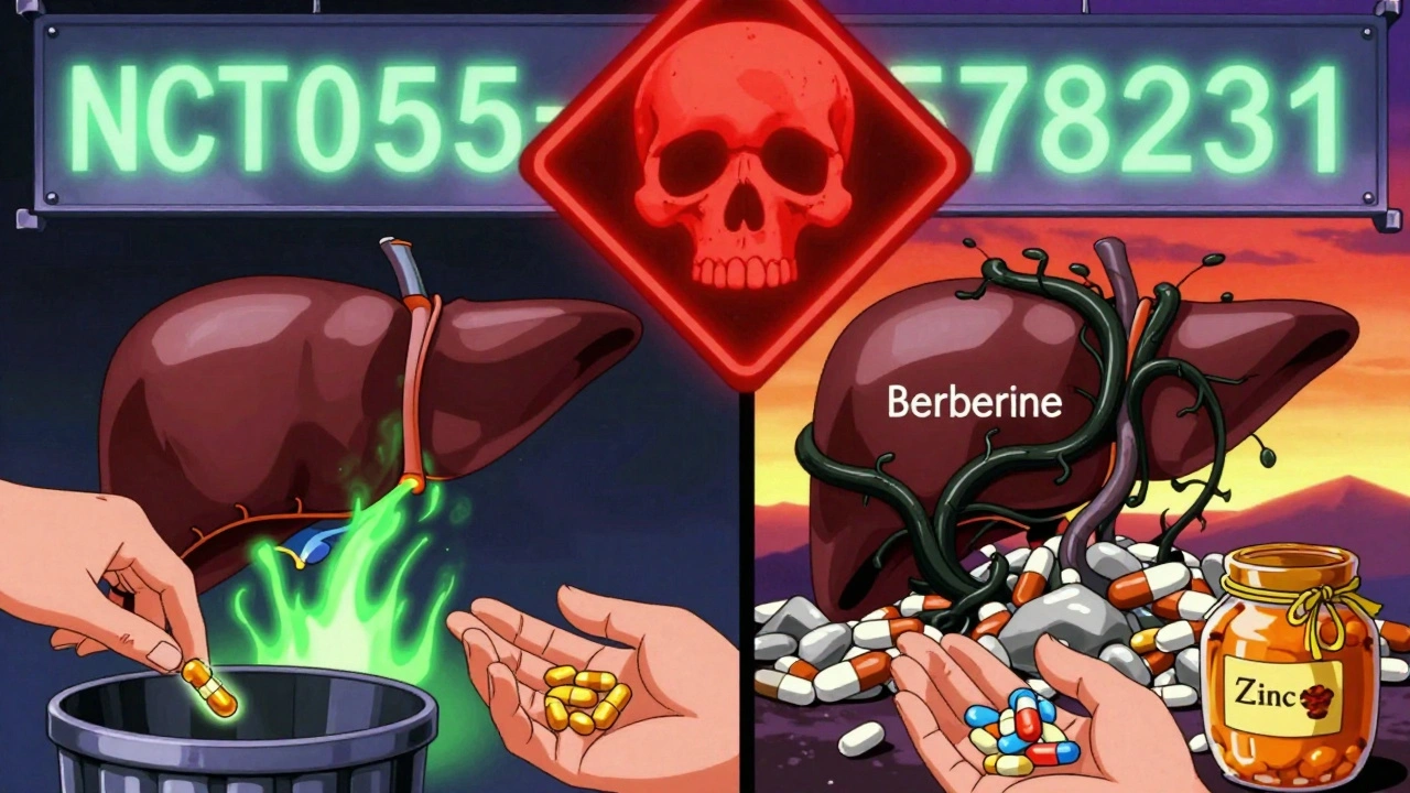 Contrasting images of a healthy liver vs. one choked by goldenseal vines, with safe alternatives in foreground.