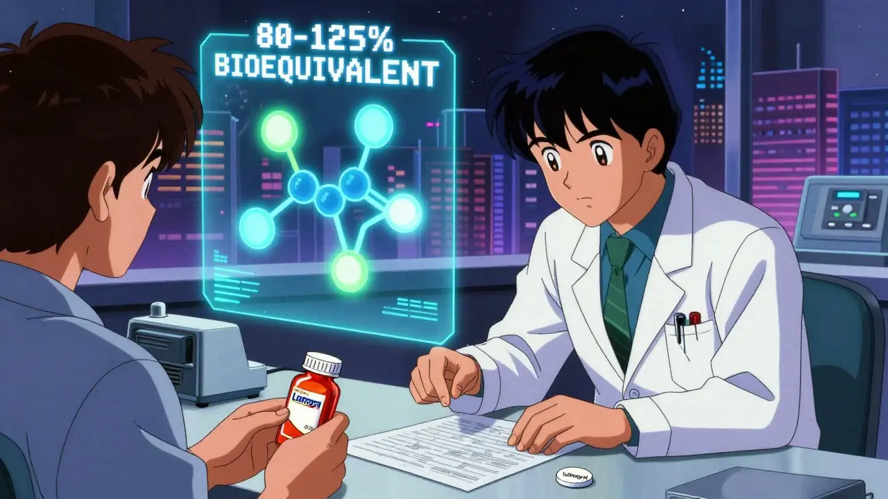 Doctor and patient comparing identical drug molecules in a clinic with neon bioequivalence data