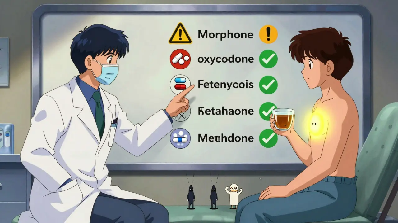 Doctor showing opioid comparison chart with low-nausea options glowing, patient drinking ginger tea calmly.