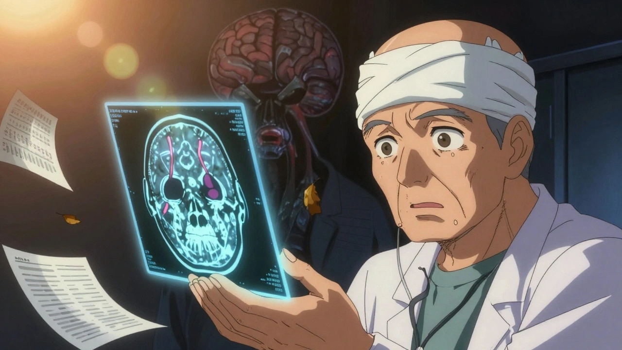 Elderly man with swollen optic nerves shown on glowing MRI scan