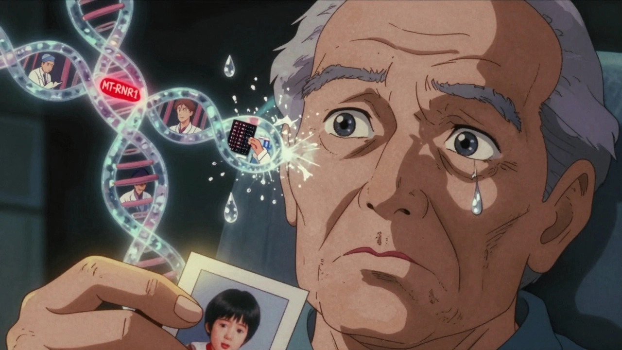 Elderly patient with genetic mutation marker and shattered soundwave from ear, holding a photo, in nostalgic 80s anime aesthetic.