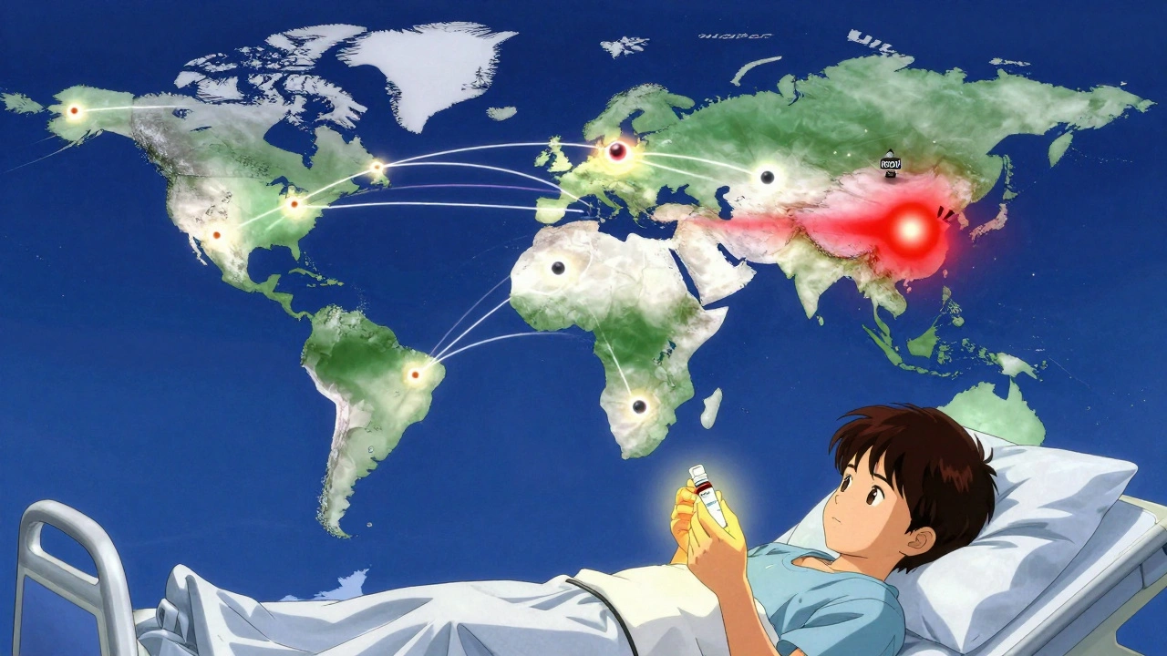 Global data lines connect Sentinel nodes as a safety alert flashes across continents, with a patient receiving safer care.