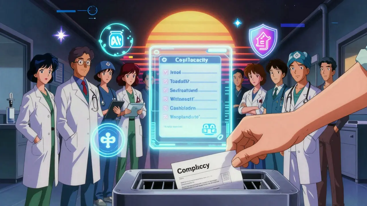 Healthcare team gathered around WHO safety portal with global protocols glowing in mid-air.