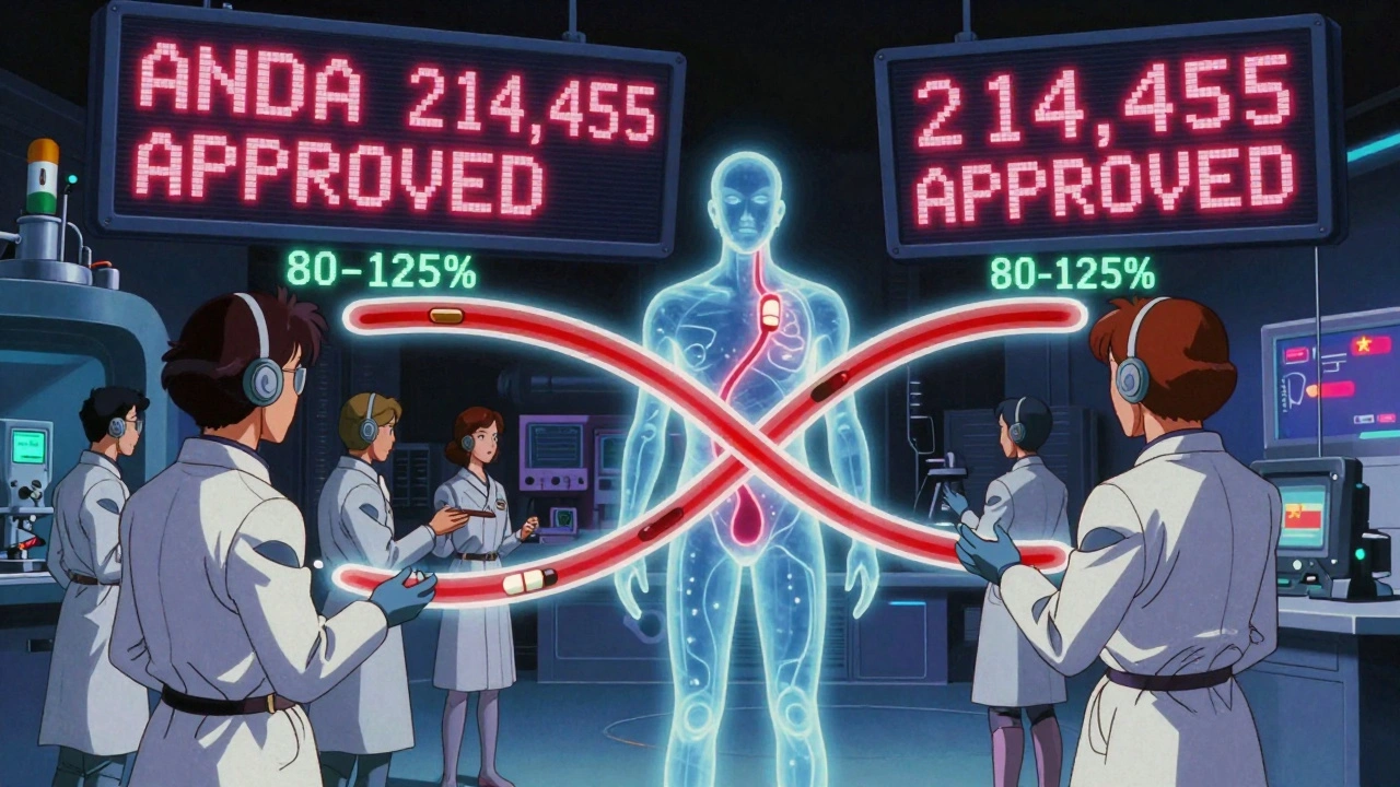 Holographic bloodstream curves showing bioequivalence in an FDA lab, with a glowing ANDA approval number and faint factory silhouettes in the background.