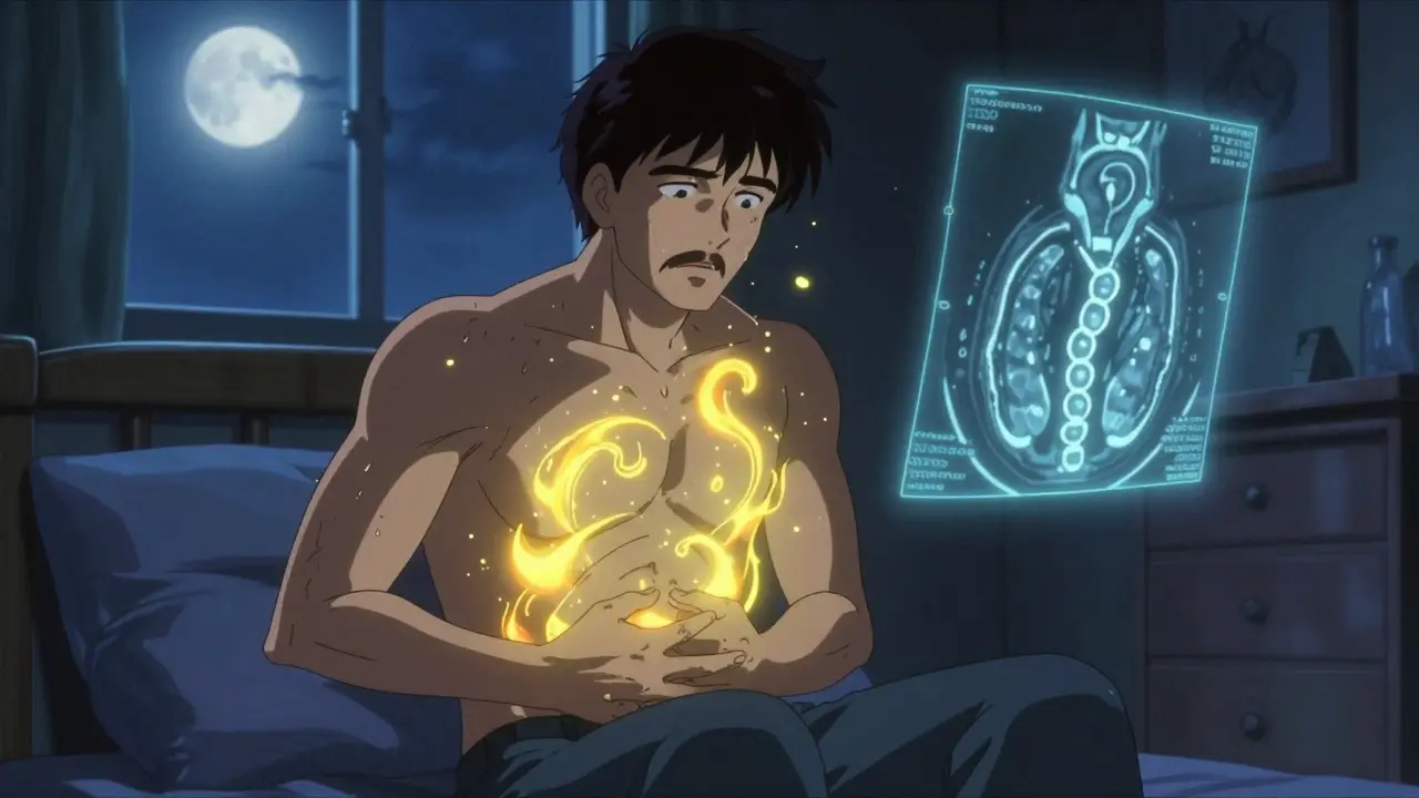 Man in dim room clutching abdomen, glowing bile acids beneath skin, MRI hologram beside him.