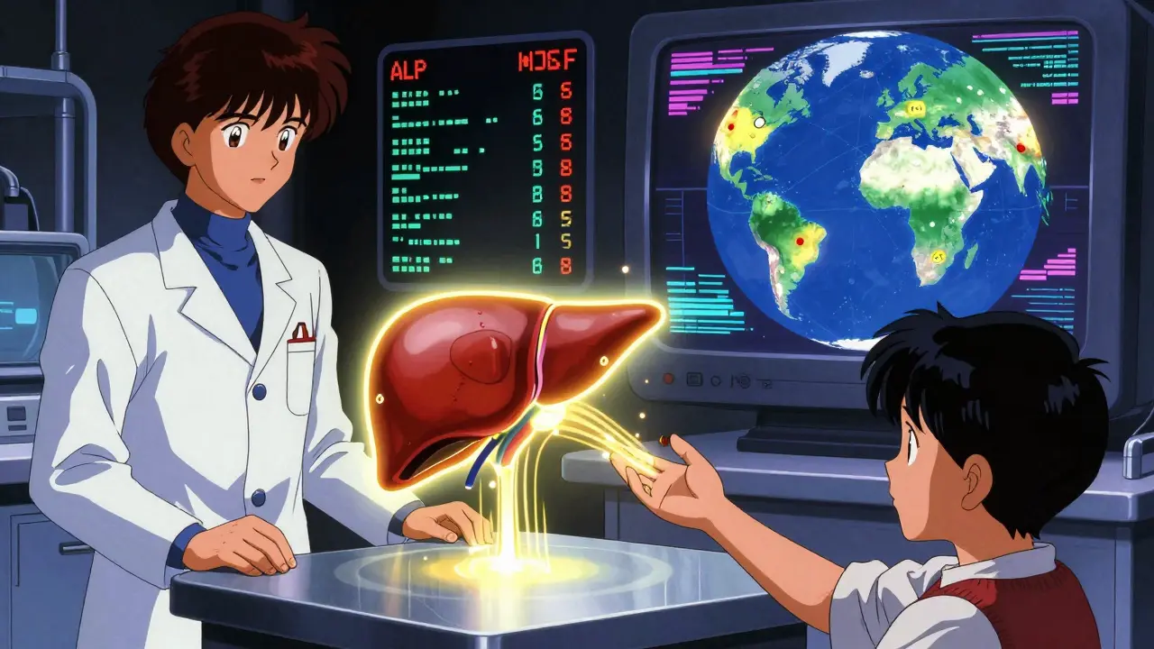 Medical lab with glowing liver transplant model, patient reaching toward light, retro digital data in background.